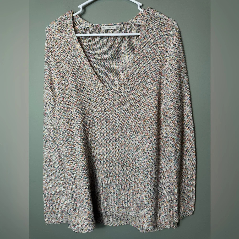 Zara Knit Women’s Rainbow Color Fleck Sweater V-Neck Medium